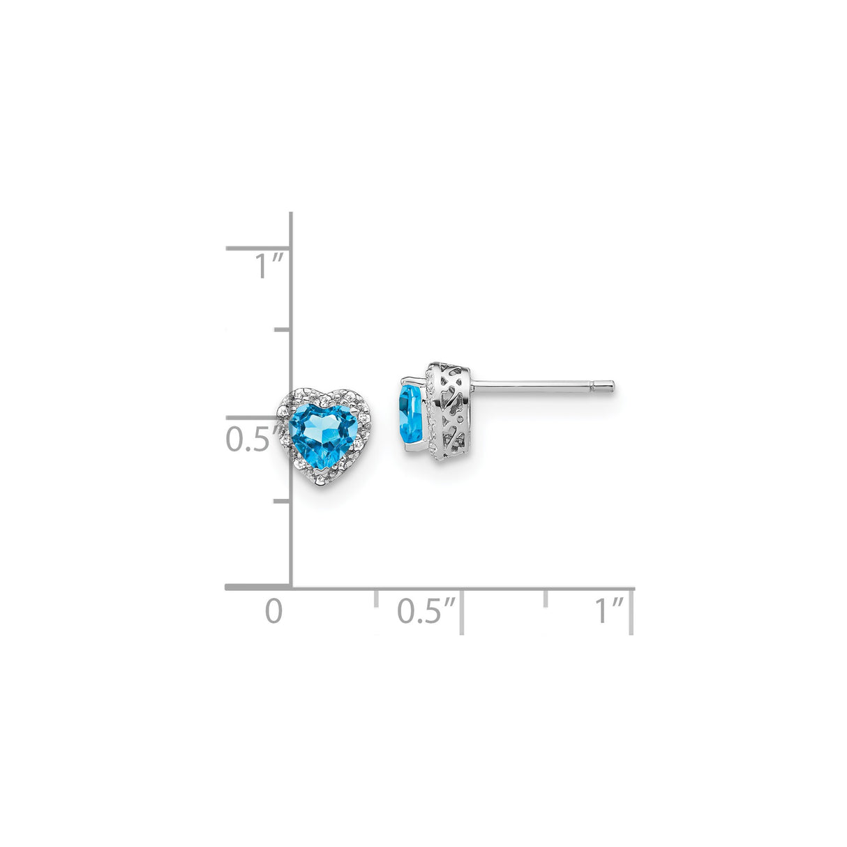 Sterling Silver Heart Stud Earrings with Swiss Blue Topaz and Diamond Accents