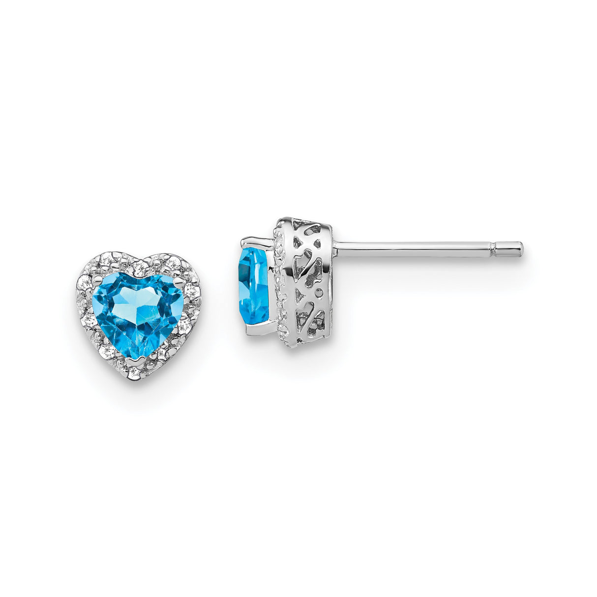 Sterling Silver Heart Stud Earrings with Swiss Blue Topaz and Diamond Accents