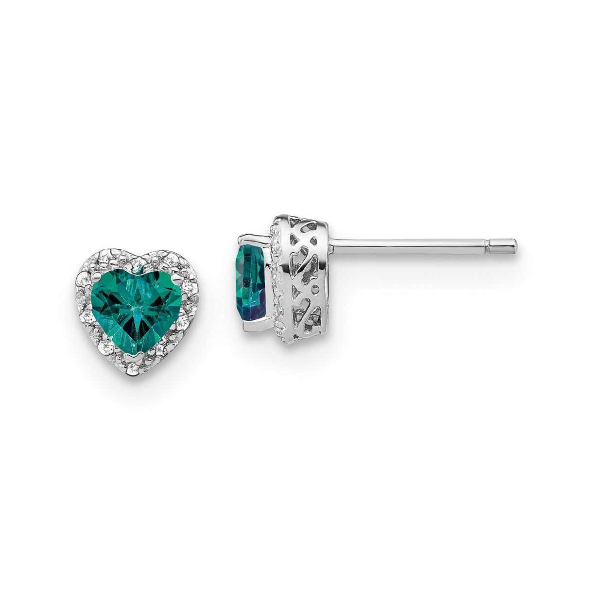 Sterling Silver Heart Shaped Stud Earrings with Created Alexandrite and Diamond Accents