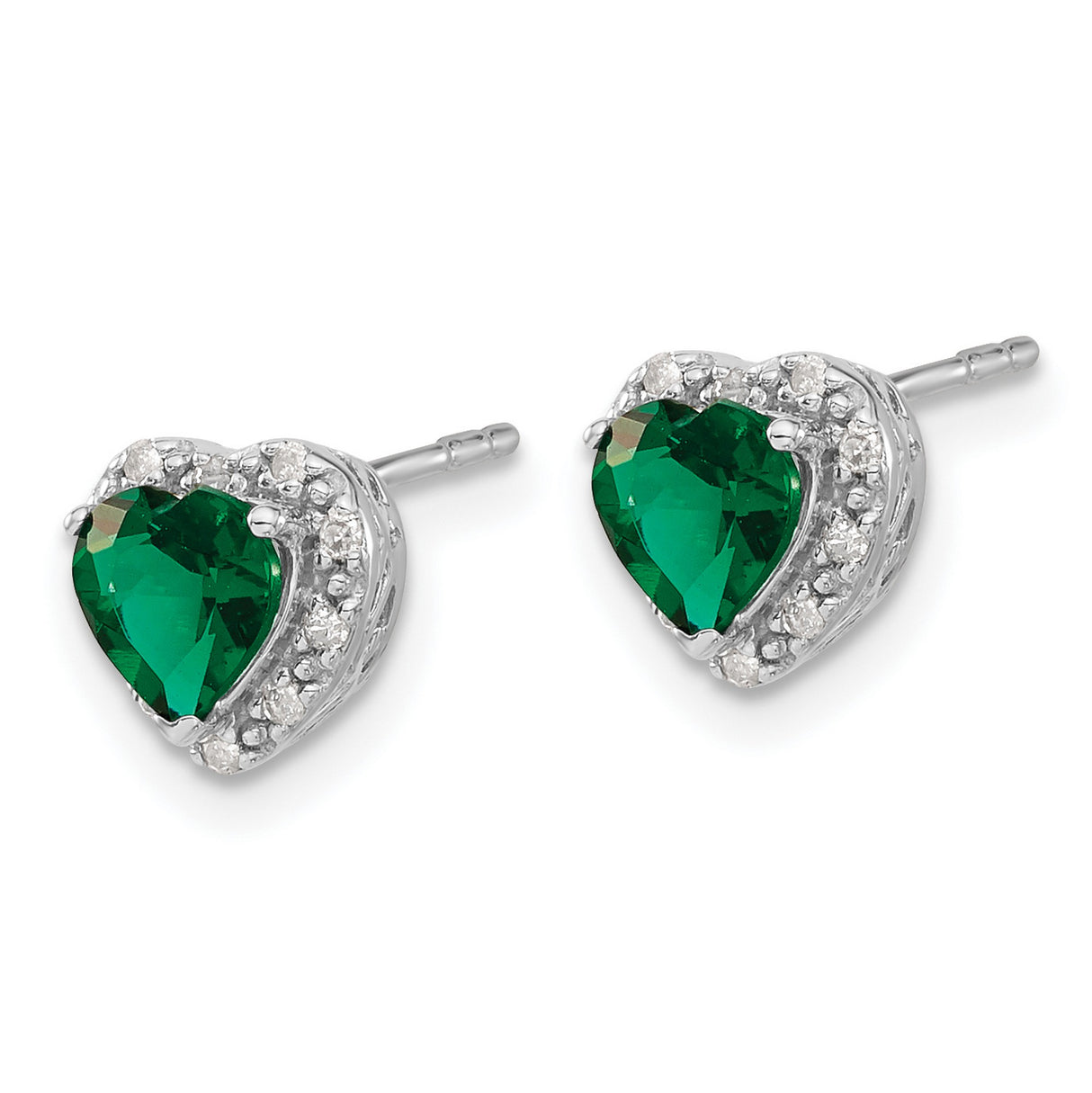 Sterling Silver Heart Stud Earrings with Created Emerald Center and Diamond Halo