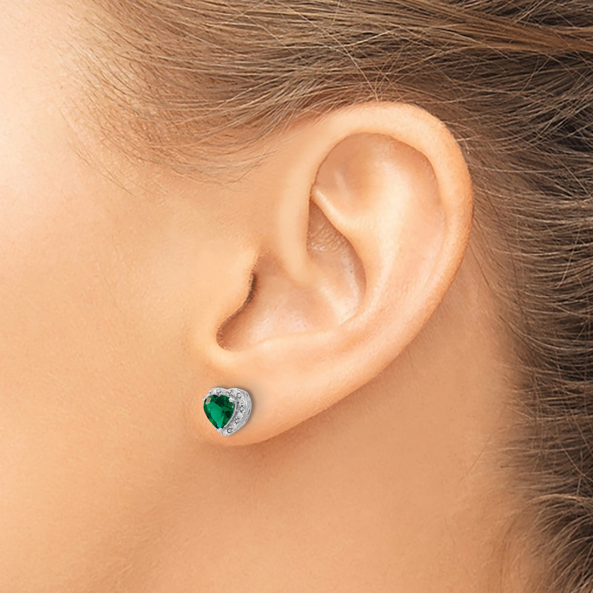Sterling Silver Heart Stud Earrings with Created Emerald Center and Diamond Halo