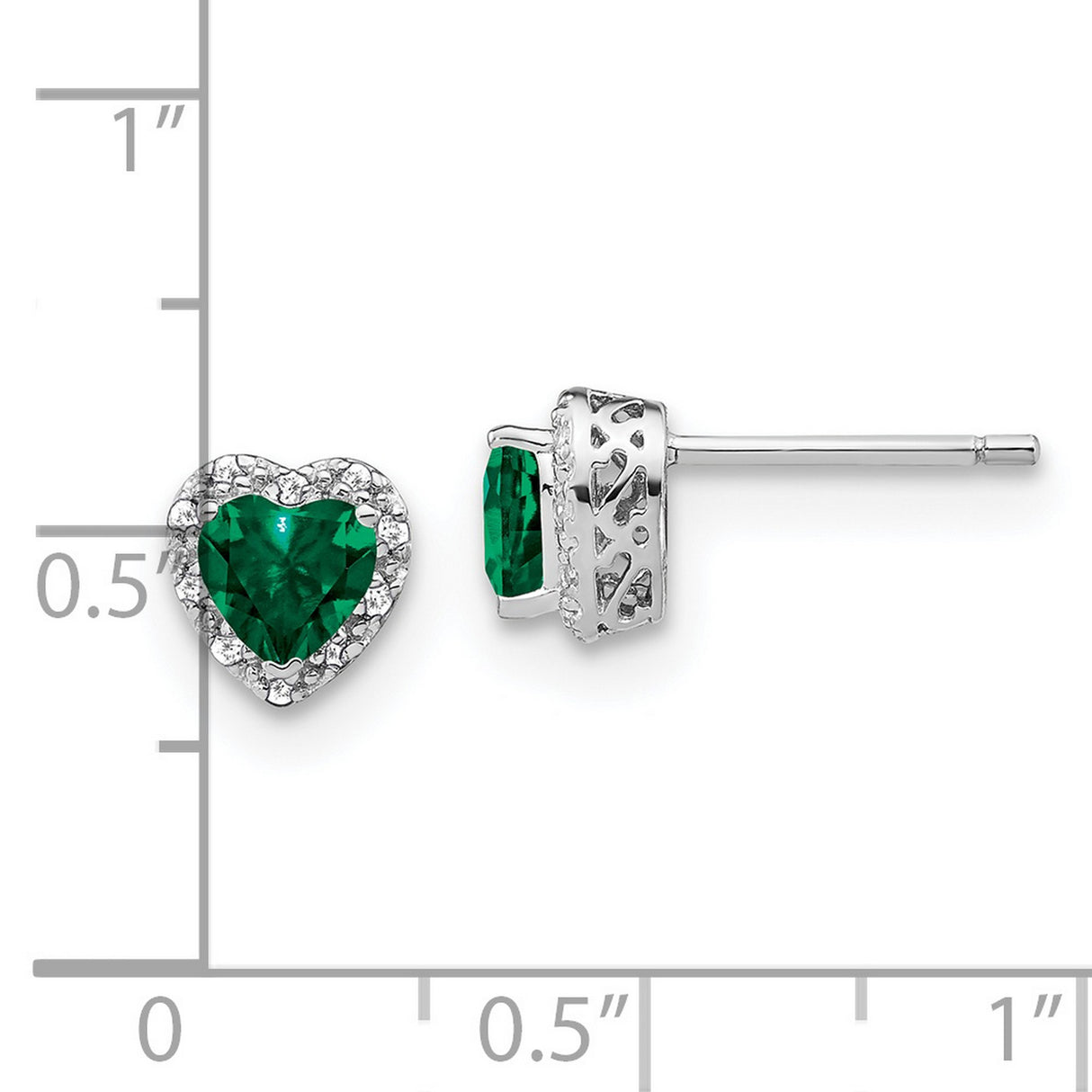 Sterling Silver Heart Stud Earrings with Created Emerald Center and Diamond Halo