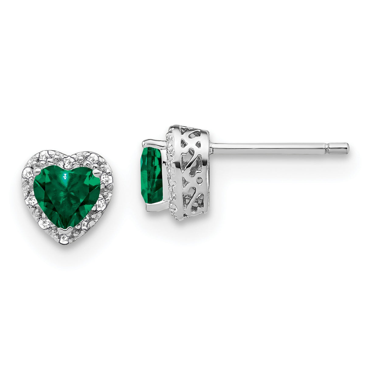 Sterling Silver Heart Stud Earrings with Created Emerald Center and Diamond Halo