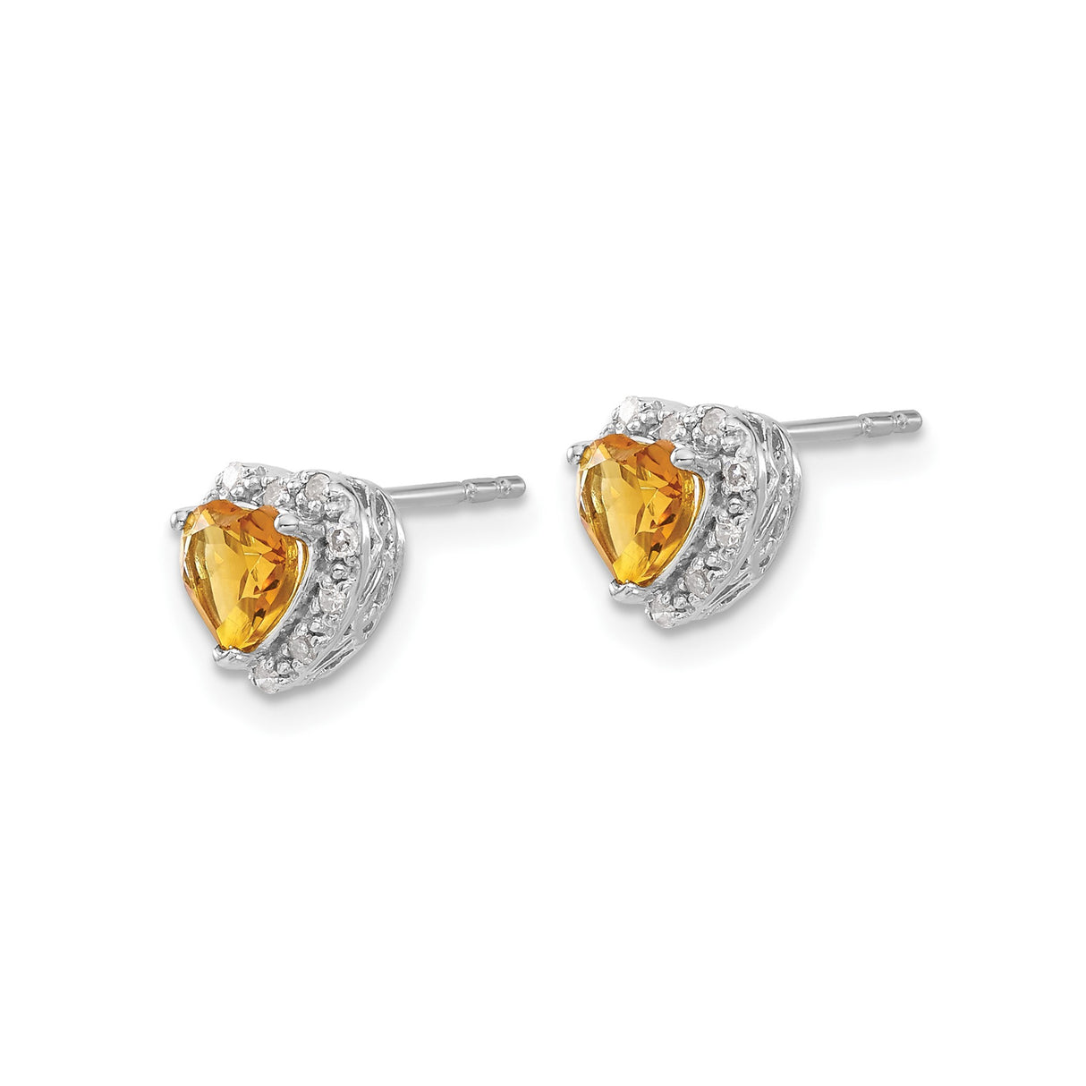 Sterling Silver Heart Stud Earrings with Citrine Center and Diamond Accents