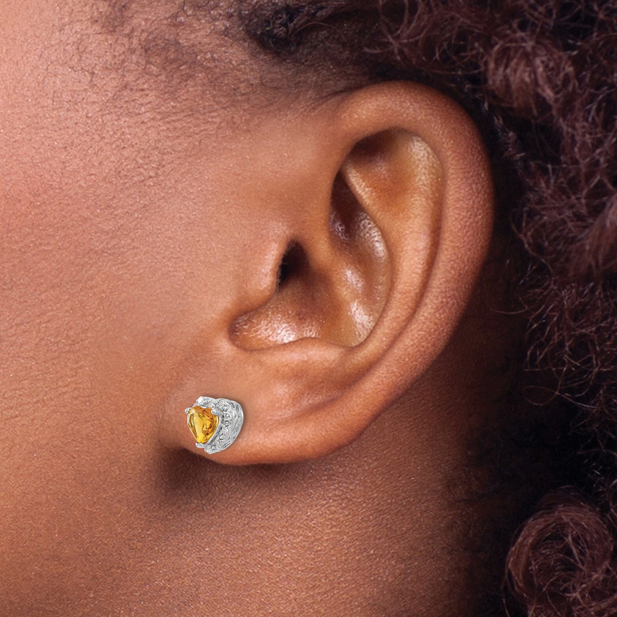 Sterling Silver Heart Stud Earrings with Citrine Center and Diamond Accents