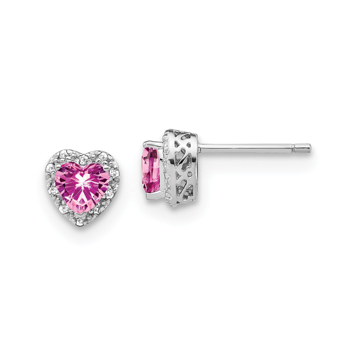 Sterling Silver Heart Stud Earrings with Created Pink Sapphire and Diamond Accents for Women