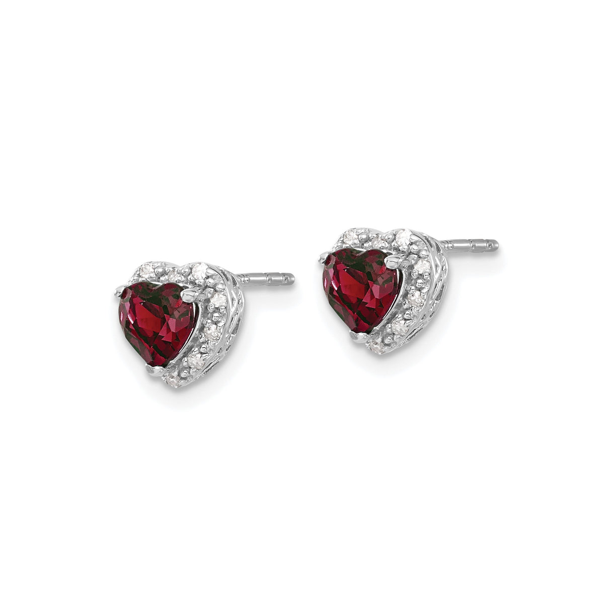 Sterling Silver Heart Stud Earrings with Created Ruby Center and Diamond Accents