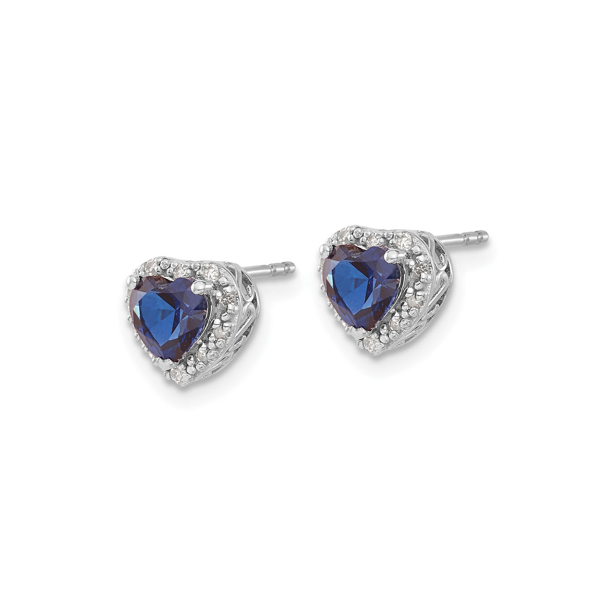 Sterling Silver Heart Stud Earrings with Created Sapphire and Diamond Halo Design