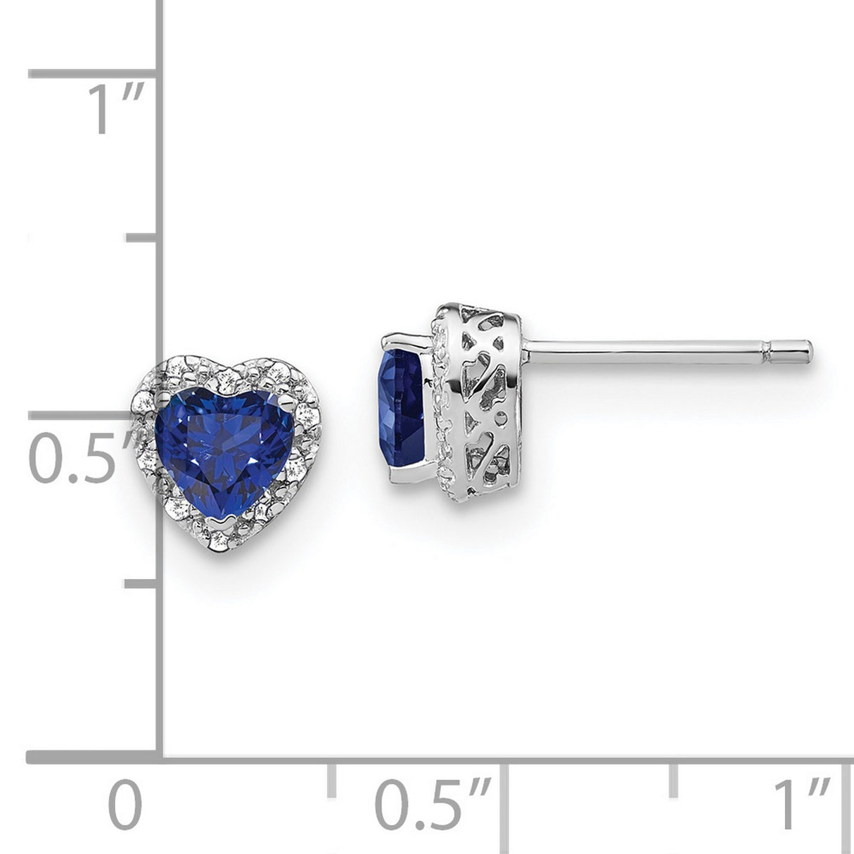 Sterling Silver Heart Stud Earrings with Created Sapphire and Diamond Halo Design