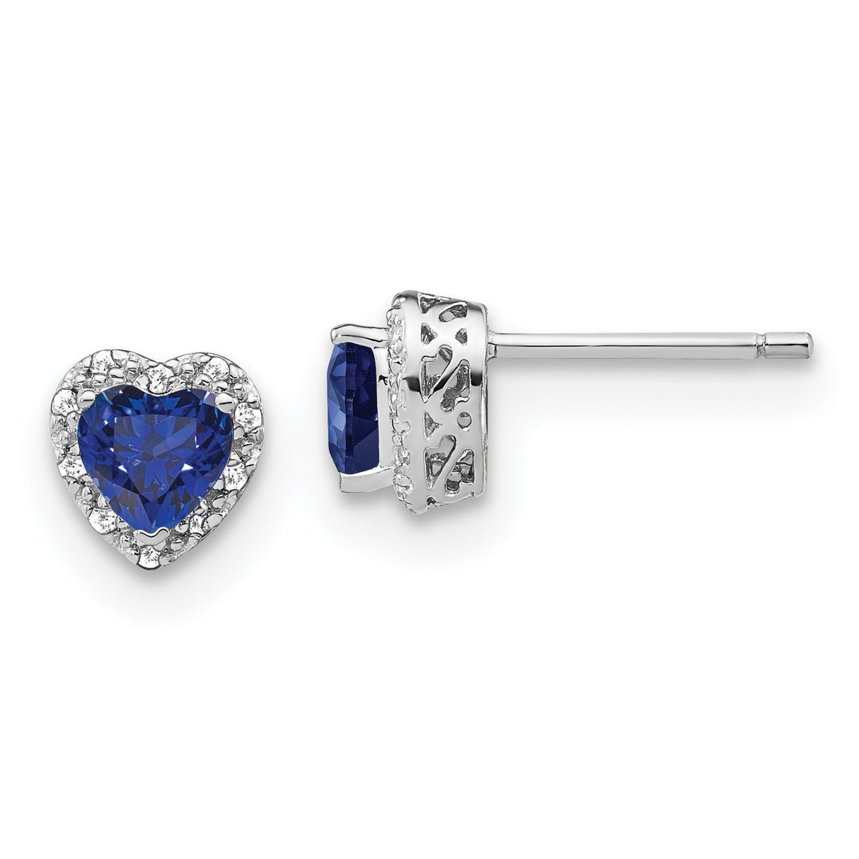 Sterling Silver Heart Stud Earrings with Created Sapphire and Diamond Halo Design
