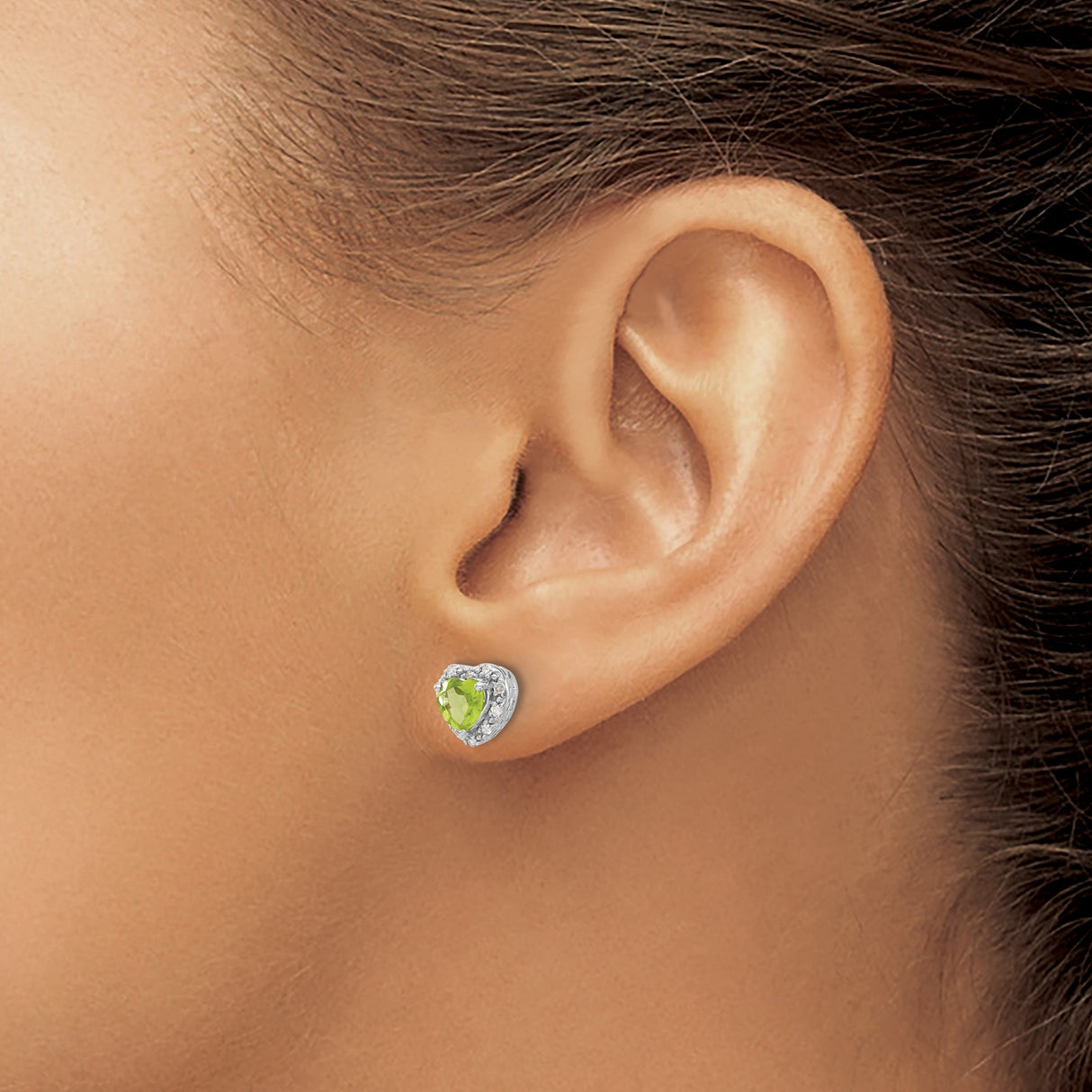 Sterling Silver Heart Shaped Stud Earrings with Peridot and Diamond Accents
