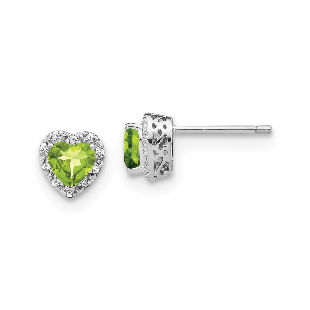 Sterling Silver Heart Shaped Stud Earrings with Peridot and Diamond Accents