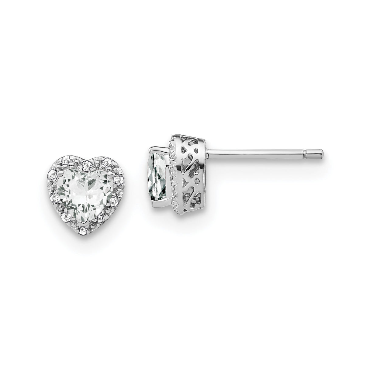Sterling Silver Heart Shaped Stud Earrings with White Topaz and Diamond Accents