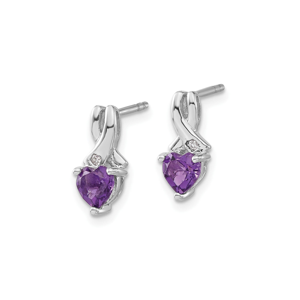 Sterling Silver Heart Shaped Amethyst Stud Earrings with Diamond Accent and Ribbon Design
