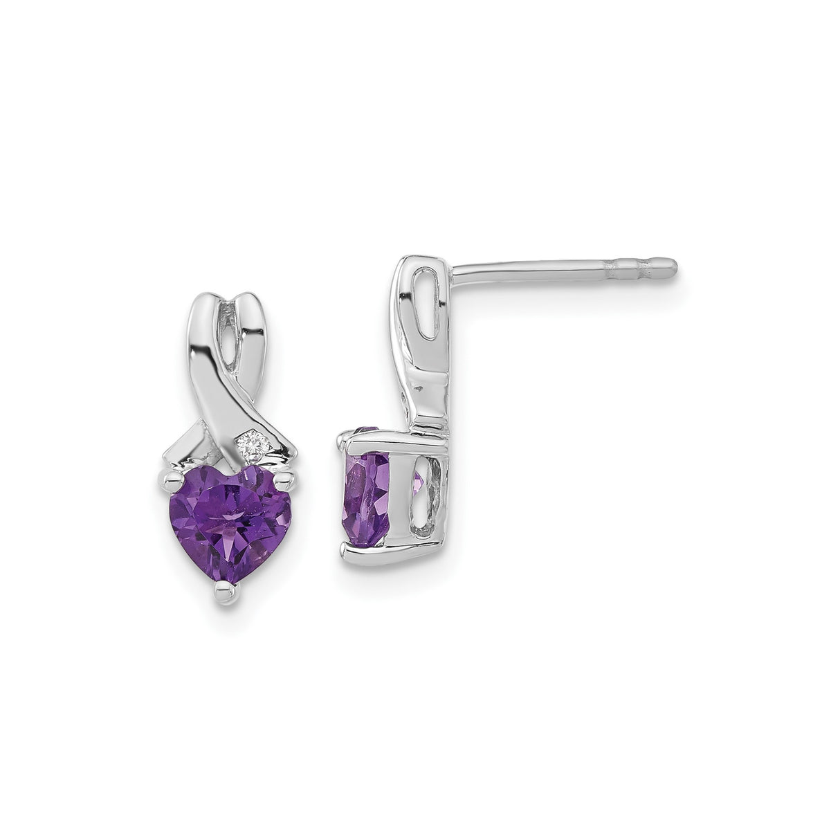 Sterling Silver Heart Shaped Amethyst Stud Earrings with Diamond Accent and Ribbon Design