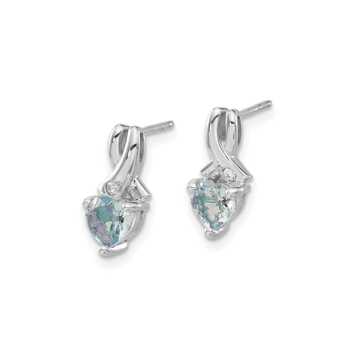 Sterling Silver Heart Stud Earrings with Aquamarine and Diamond Accent