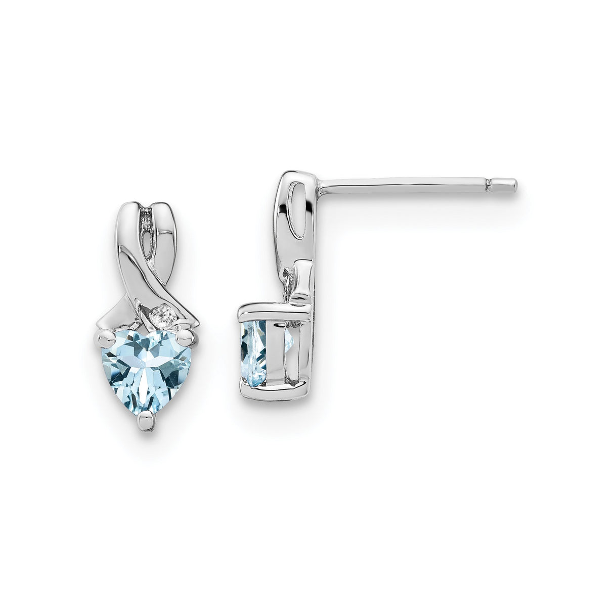 Sterling Silver Heart Stud Earrings with Aquamarine and Diamond Accent