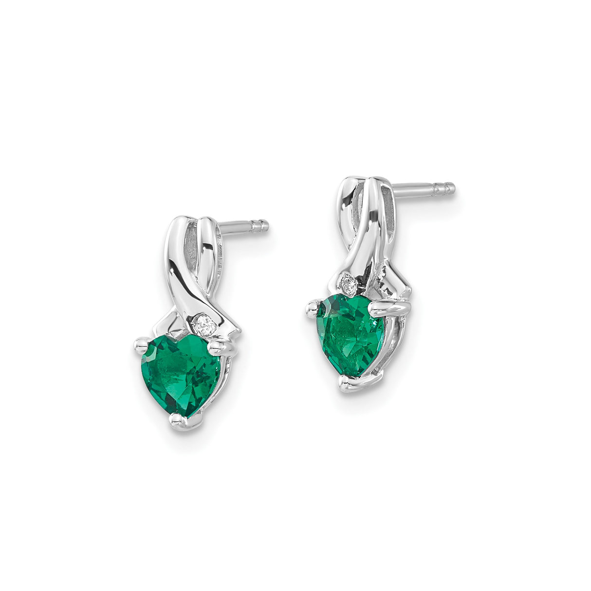 Sterling Silver Heart Stud Earrings with Created Emerald and Diamond Accents