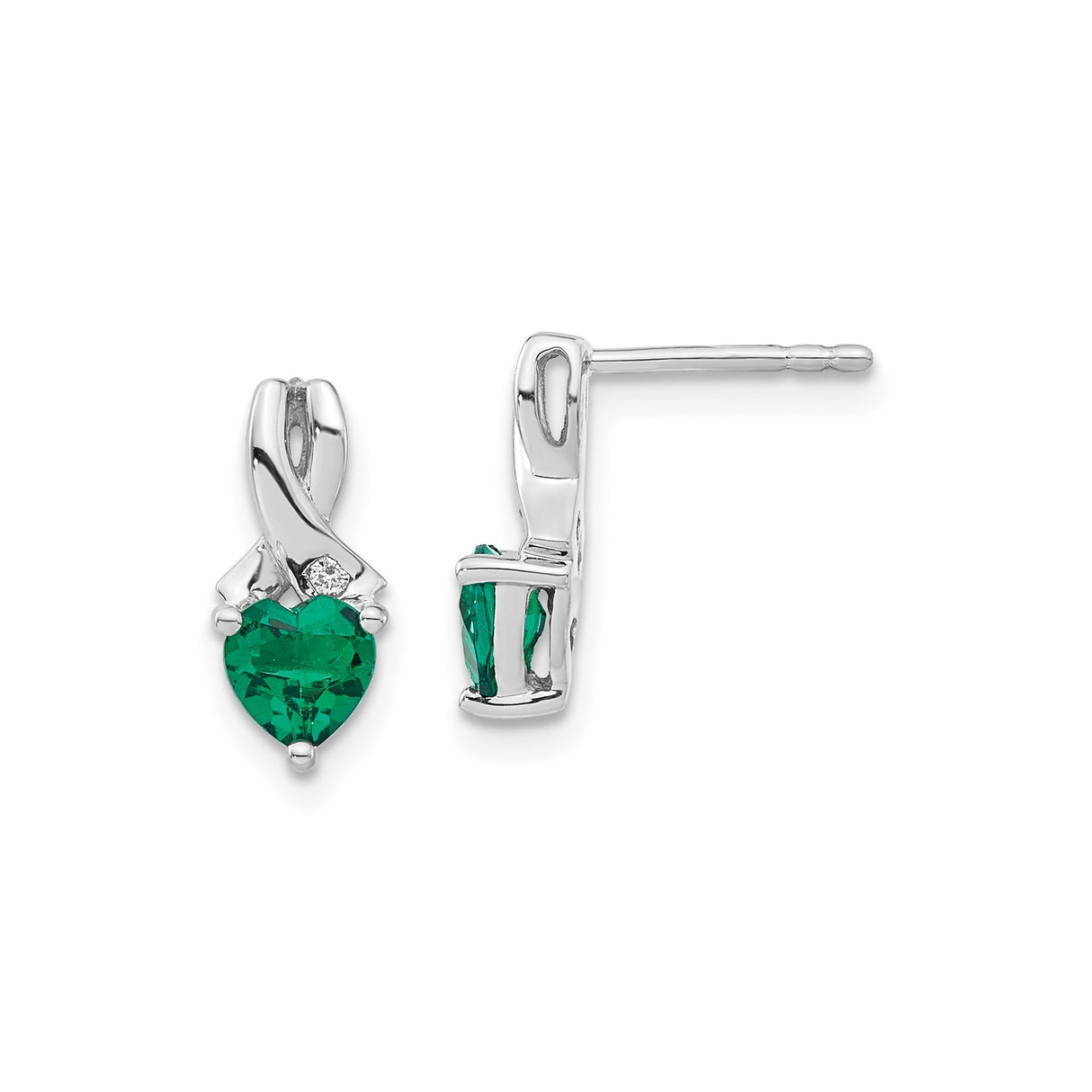 Sterling Silver Heart Stud Earrings with Created Emerald and Diamond Accents