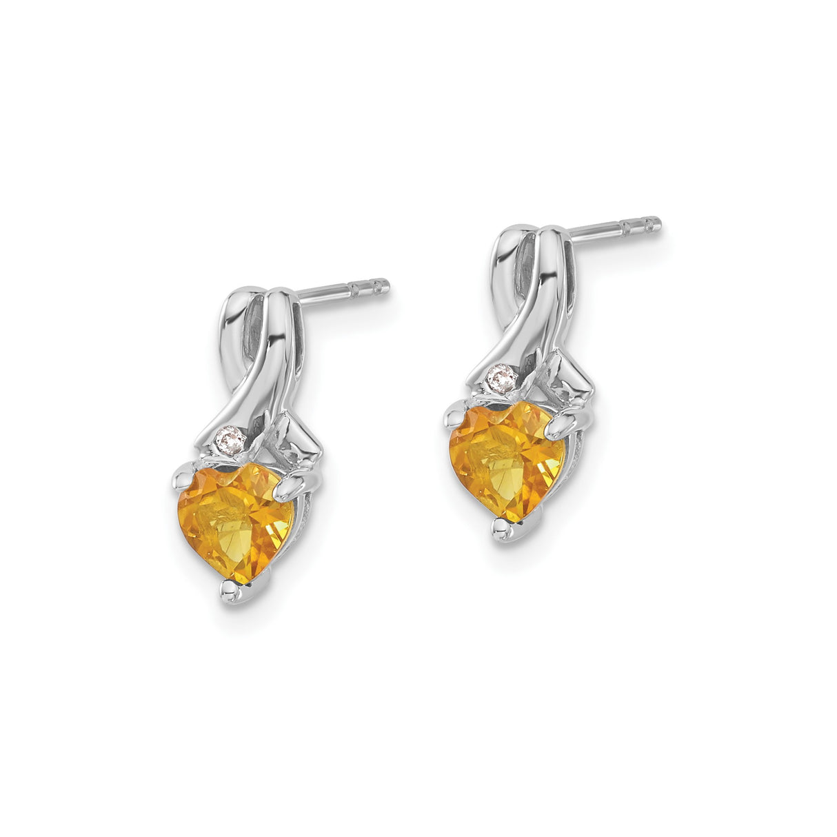 Sterling Silver Heart Shaped Citrine Stud Earrings with Diamond Accents and Ribbon Design