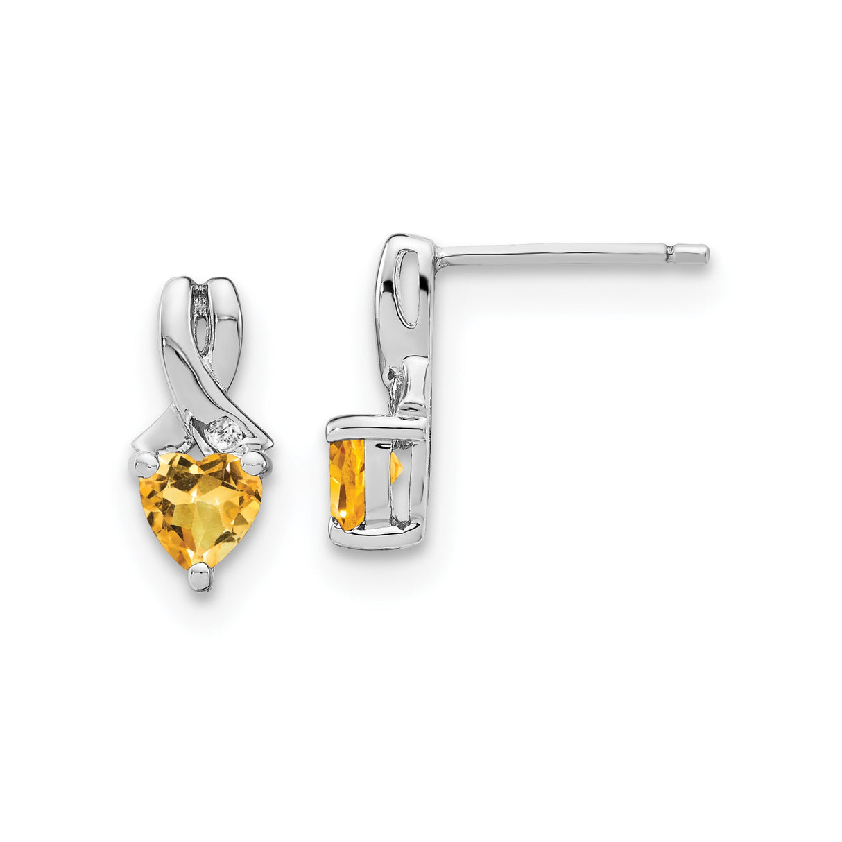 Sterling Silver Heart Shaped Citrine Stud Earrings with Diamond Accents and Ribbon Design