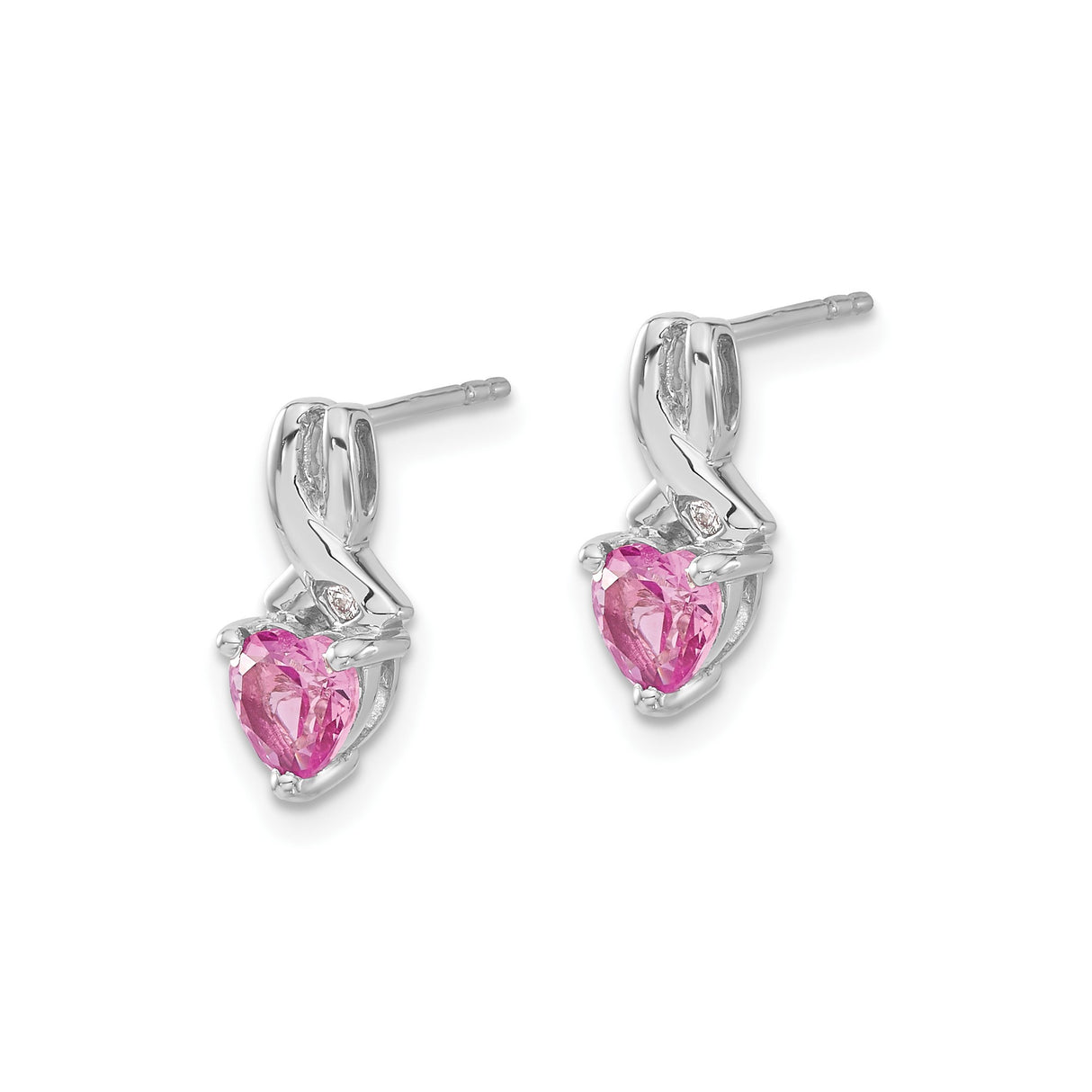 Sterling Silver Heart Stud Earrings with Created Sapphire and Diamond Accent, Ribbon Design