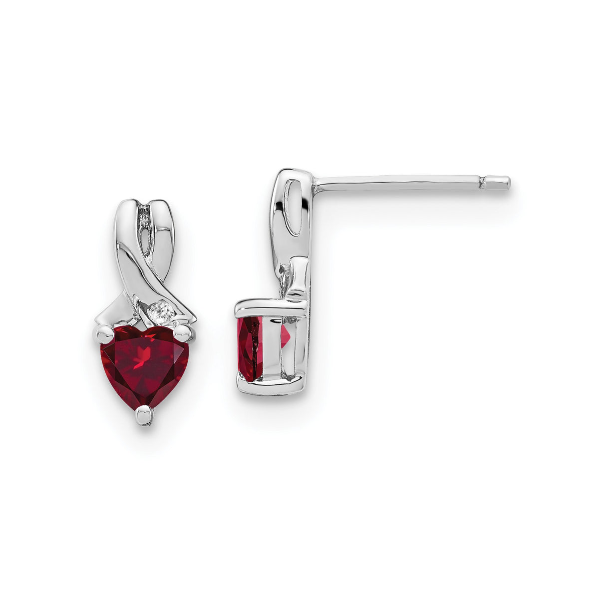 Sterling Silver Heart Shaped Stud Earrings with Created Ruby and Diamond Accent