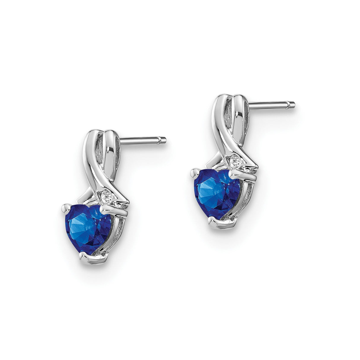 Sterling Silver Heart Stud Earrings with Created Sapphire and Diamond Accent, Crossover Design