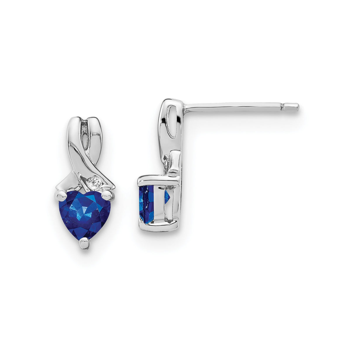 Sterling Silver Heart Stud Earrings with Created Sapphire and Diamond Accent, Crossover Design