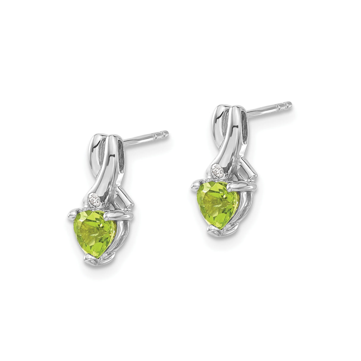 Sterling Silver Heart Shaped Peridot and Diamond Stud Earrings, Ribbon Design