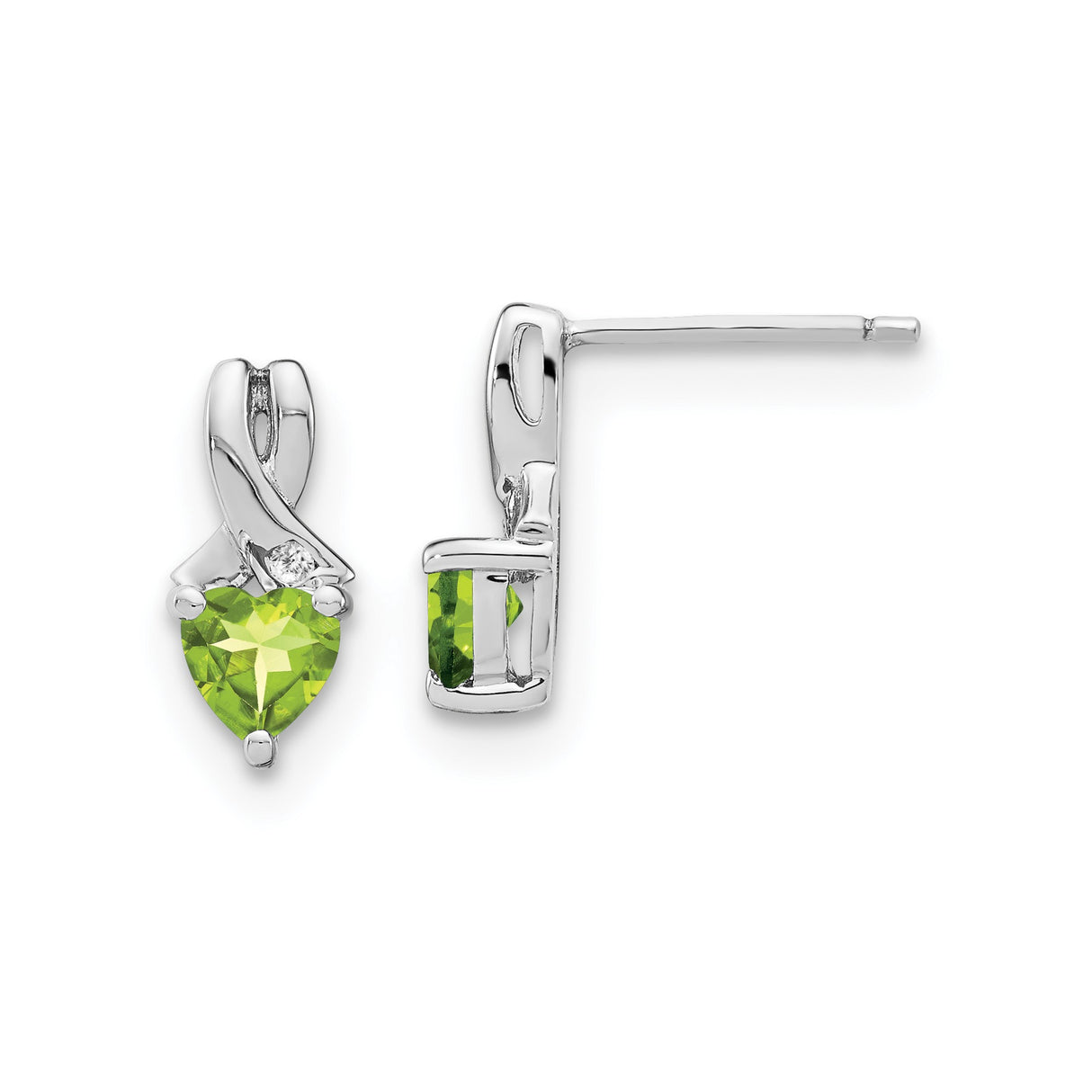 Sterling Silver Heart Shaped Peridot and Diamond Stud Earrings, Ribbon Design