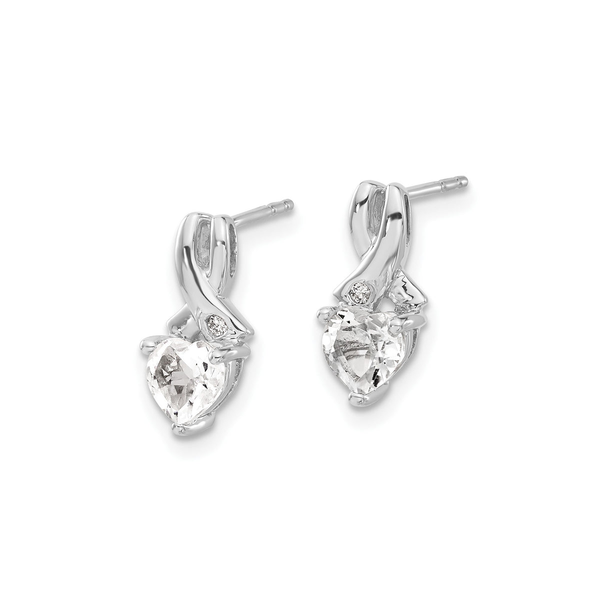 Sterling Silver Heart Shaped Stud Earrings with White Topaz and Diamond, Crossover Ribbon Design