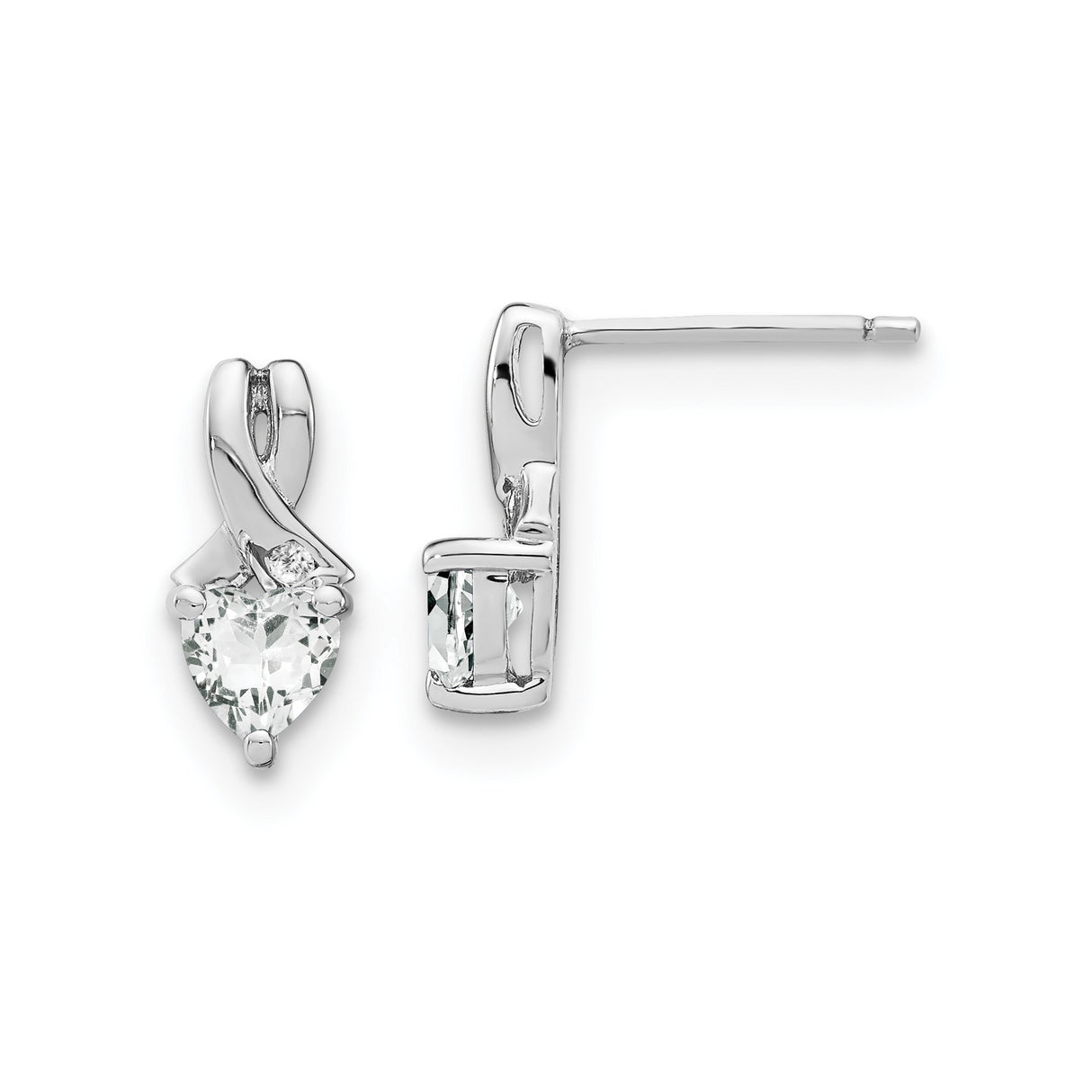 Sterling Silver Heart Shaped Stud Earrings with White Topaz and Diamond, Crossover Ribbon Design