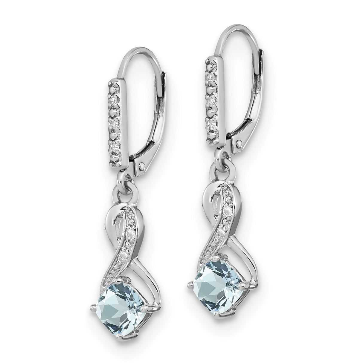 Sterling Silver Dangle Earrings with Aquamarine and Diamond Accents, Infinity Design, Lever Back Closure