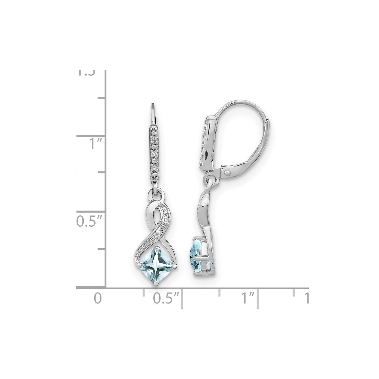 Sterling Silver Dangle Earrings with Aquamarine and Diamond Accents, Infinity Design, Lever Back Closure
