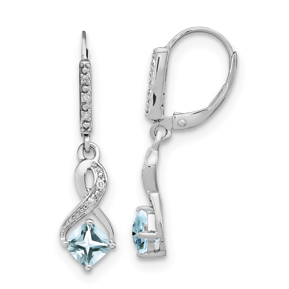 Sterling Silver Dangle Earrings with Aquamarine and Diamond Accents, Infinity Design, Lever Back Closure