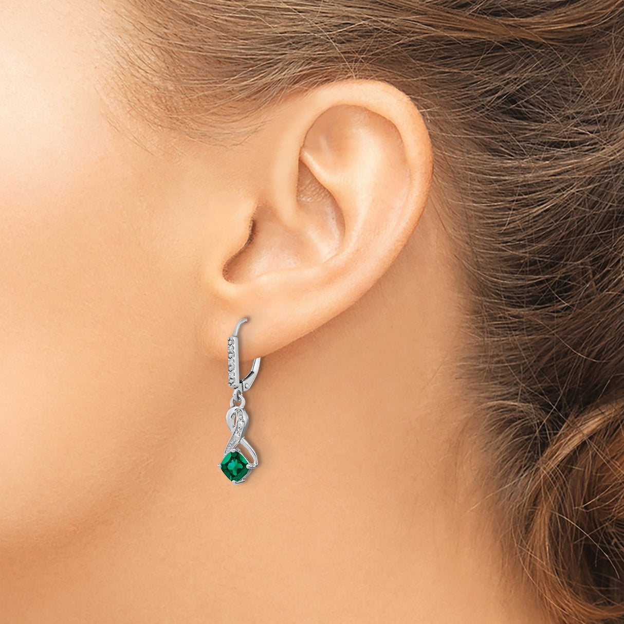 Sterling Silver Drop Earrings with Created Emerald and Diamond Accents, Infinity Design, Leverback Closure