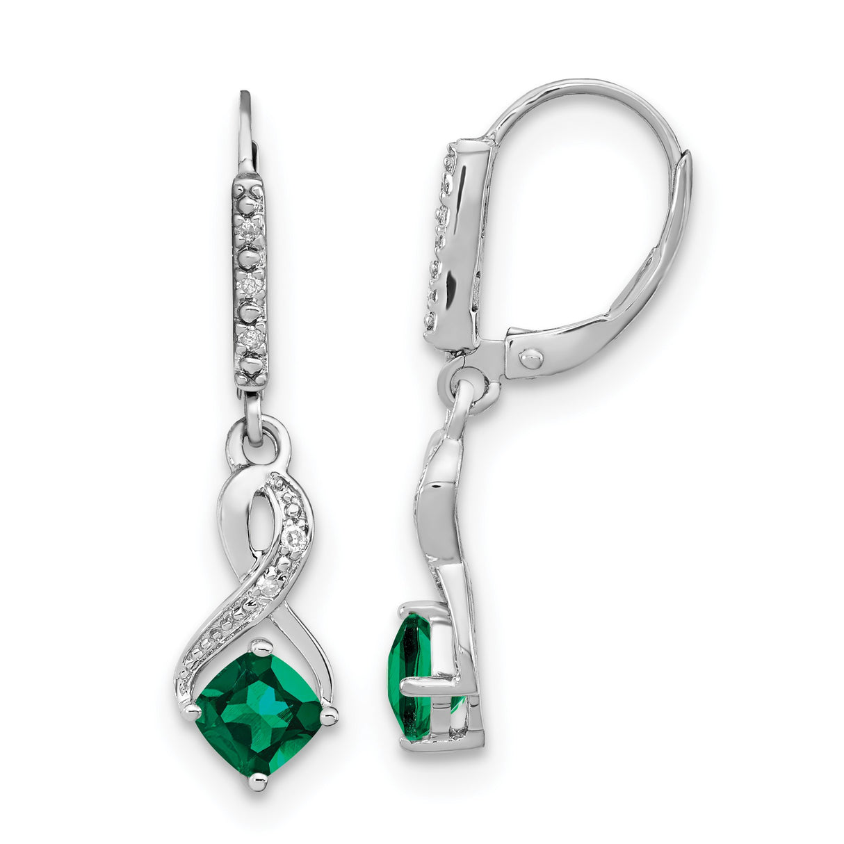 Sterling Silver Drop Earrings with Created Emerald and Diamond Accents, Infinity Design, Leverback Closure