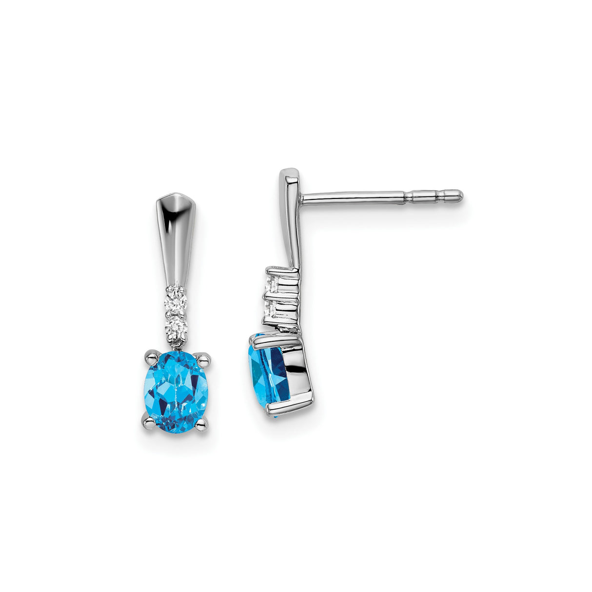 14k White Gold Dangle Earrings with Swiss Blue Topaz and Diamond Accents, Classic Drop Design