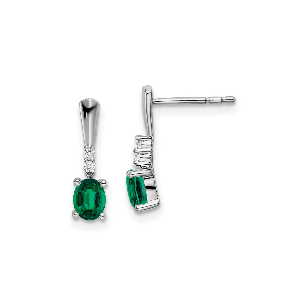 14k White Gold Emerald and Diamond Stud Earrings, Oval Green Gemstone, May Birthstone Jewelry