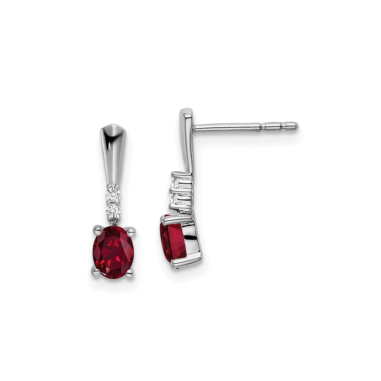 14k White Gold Drop Earrings with Oval Created Ruby and Diamond Accents