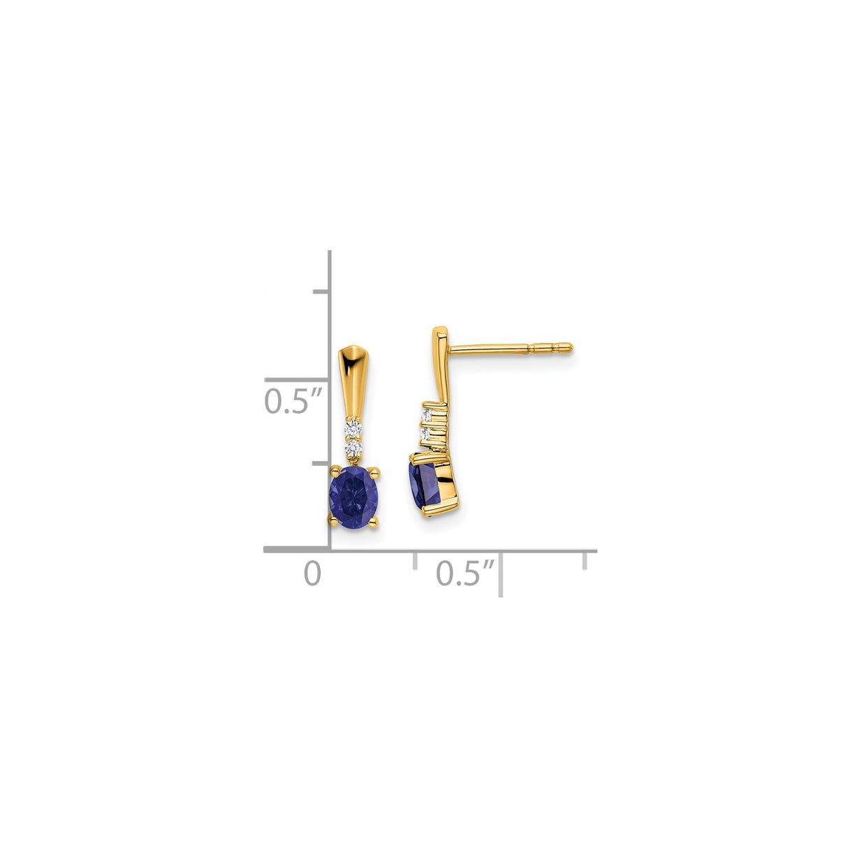 14k Yellow Gold Dangle Stud Earrings with Created Sapphire and Diamond Accents