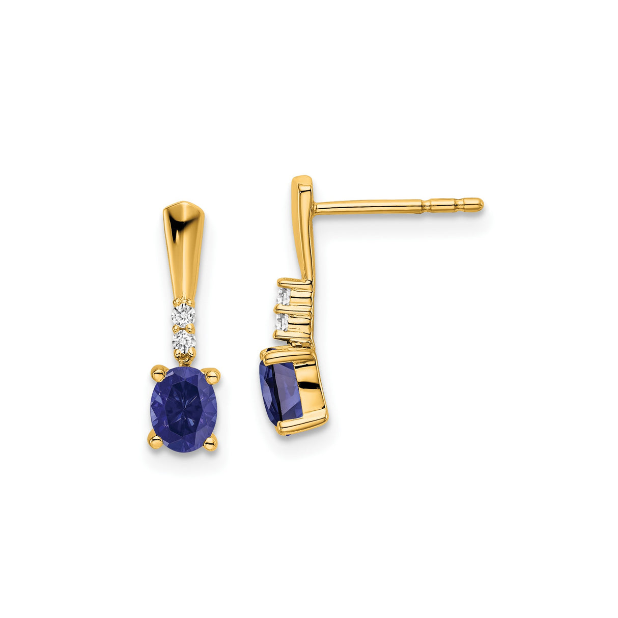 14k Yellow Gold Dangle Stud Earrings with Created Sapphire and Diamond Accents