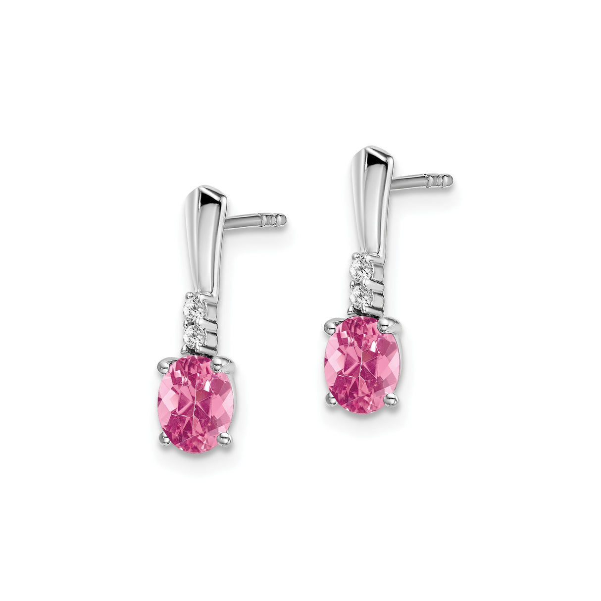 14k White Gold Dangle Stud Earrings with Oval Pink Tourmaline and Diamond Accents