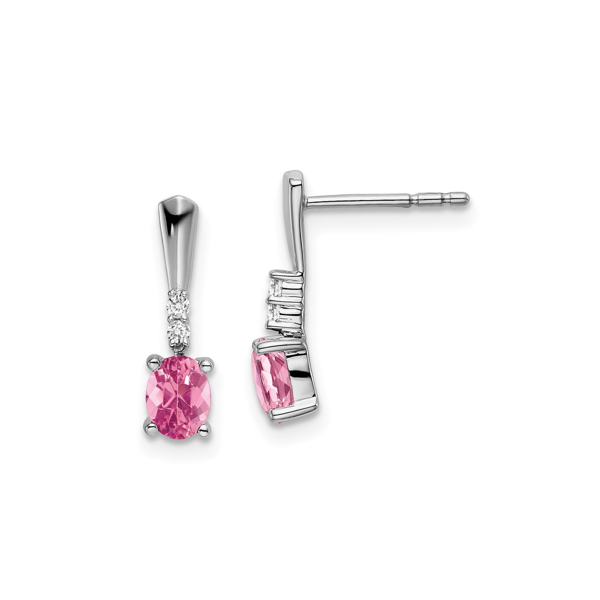 14k White Gold Dangle Stud Earrings with Oval Pink Tourmaline and Diamond Accents