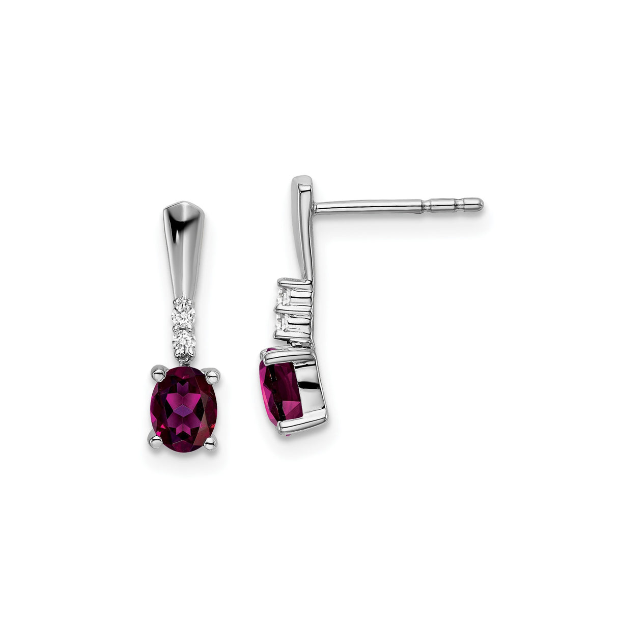 14k White Gold Dangle Earrings with Rhodolite Garnet and Diamond Accents, Modern Drop Style