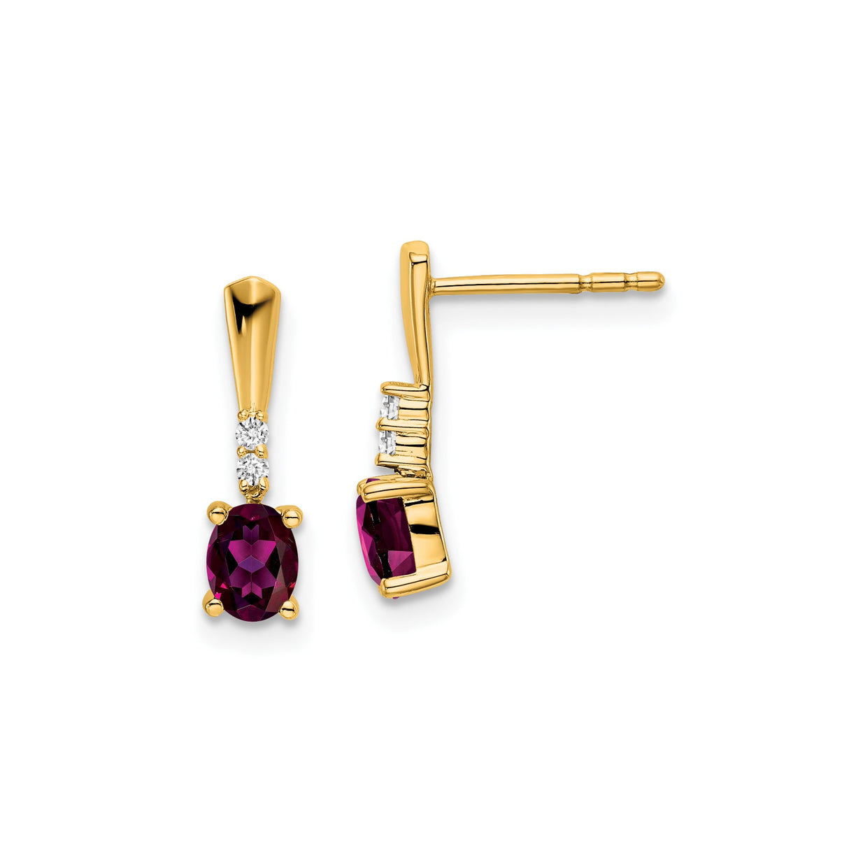 14k Yellow Gold Dangle Earrings with Rhodolite Garnet and Diamond Accents, Polished Drop Design