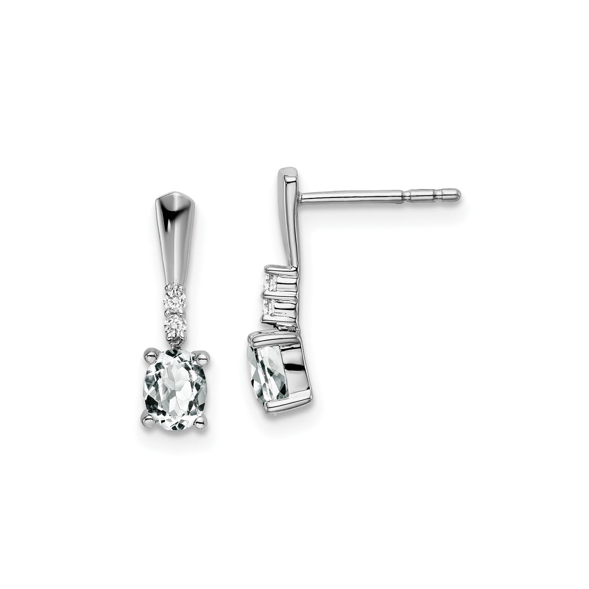 14k White Gold Drop Earrings with Oval White Topaz and Diamond Accents, Minimal Dangle Style
