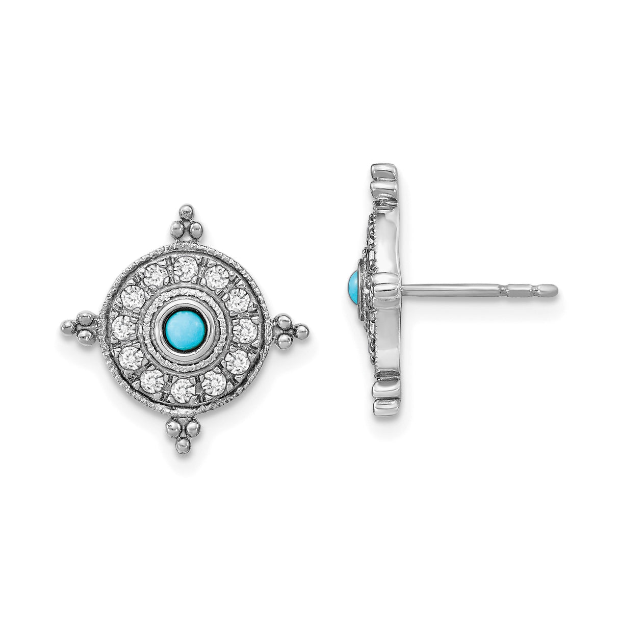 14k White Gold Evil Eye Stud Earrings with Turquoise and White Topaz Halo