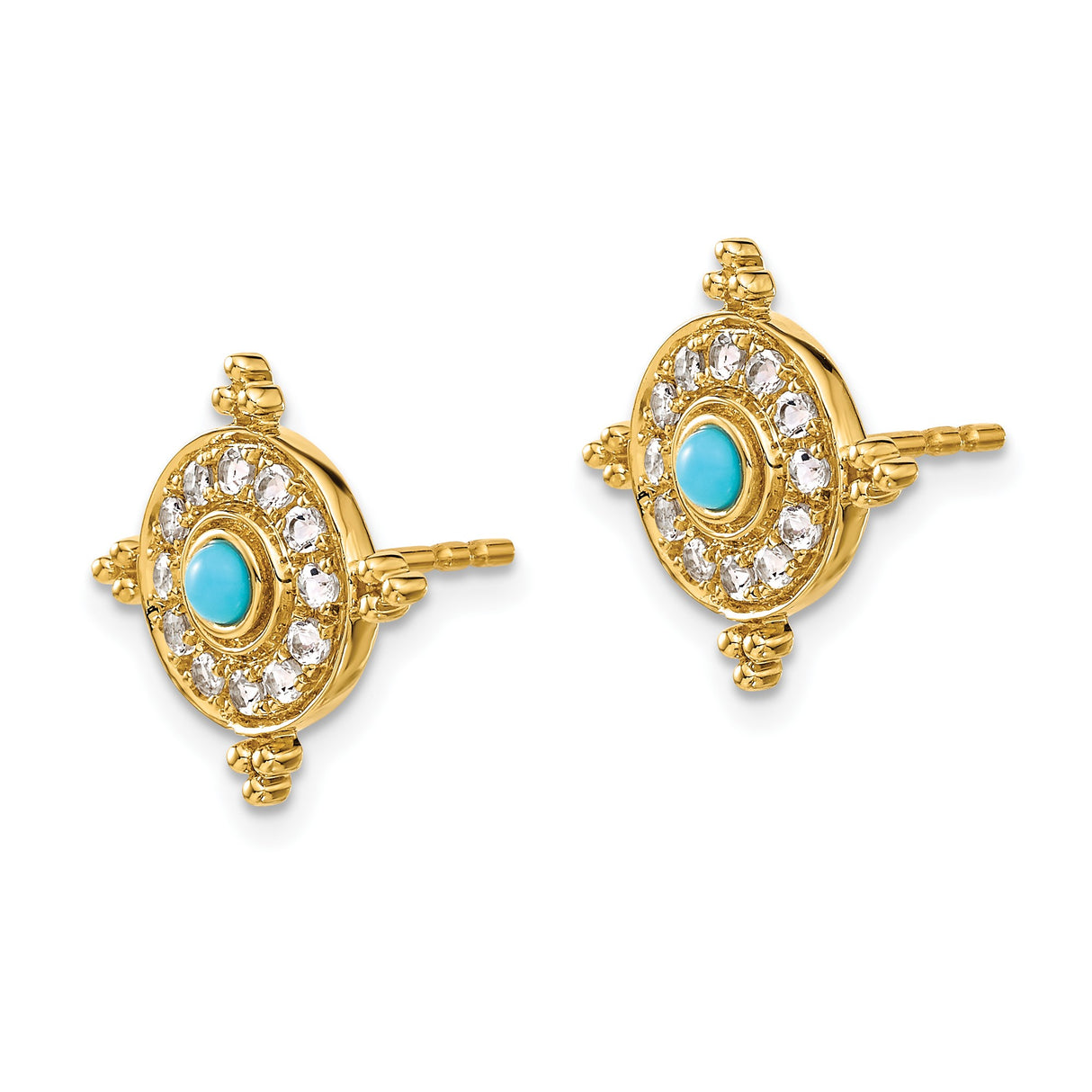 14k Yellow Gold Stud Earrings with Round Turquoise, White Topaz Halo, Evil Eye Mandala Design